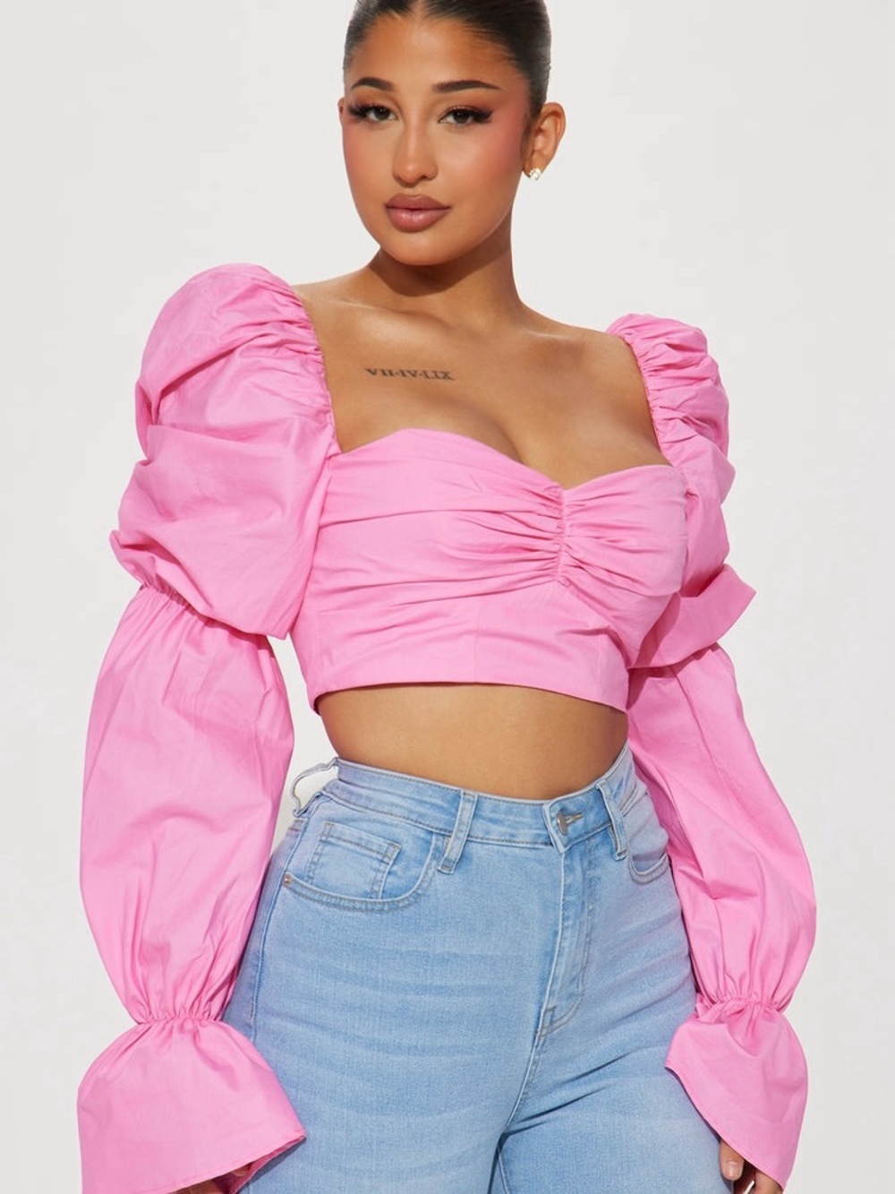 Fashion Nova Bubblegum Pink Puff-Sleeve Ruched Sweetheart Crop Top